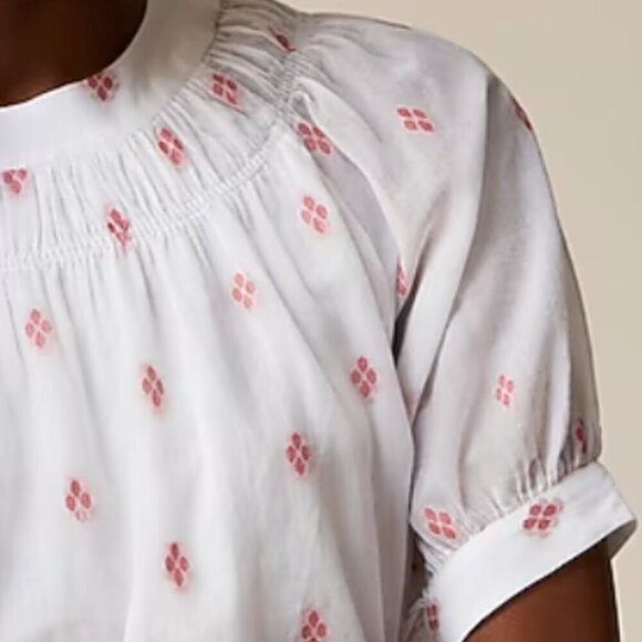 J Crew Blouse Womens Large White Dot Smock Neck Short Puff Sleeve Cotton Top - Picture 5 of 5